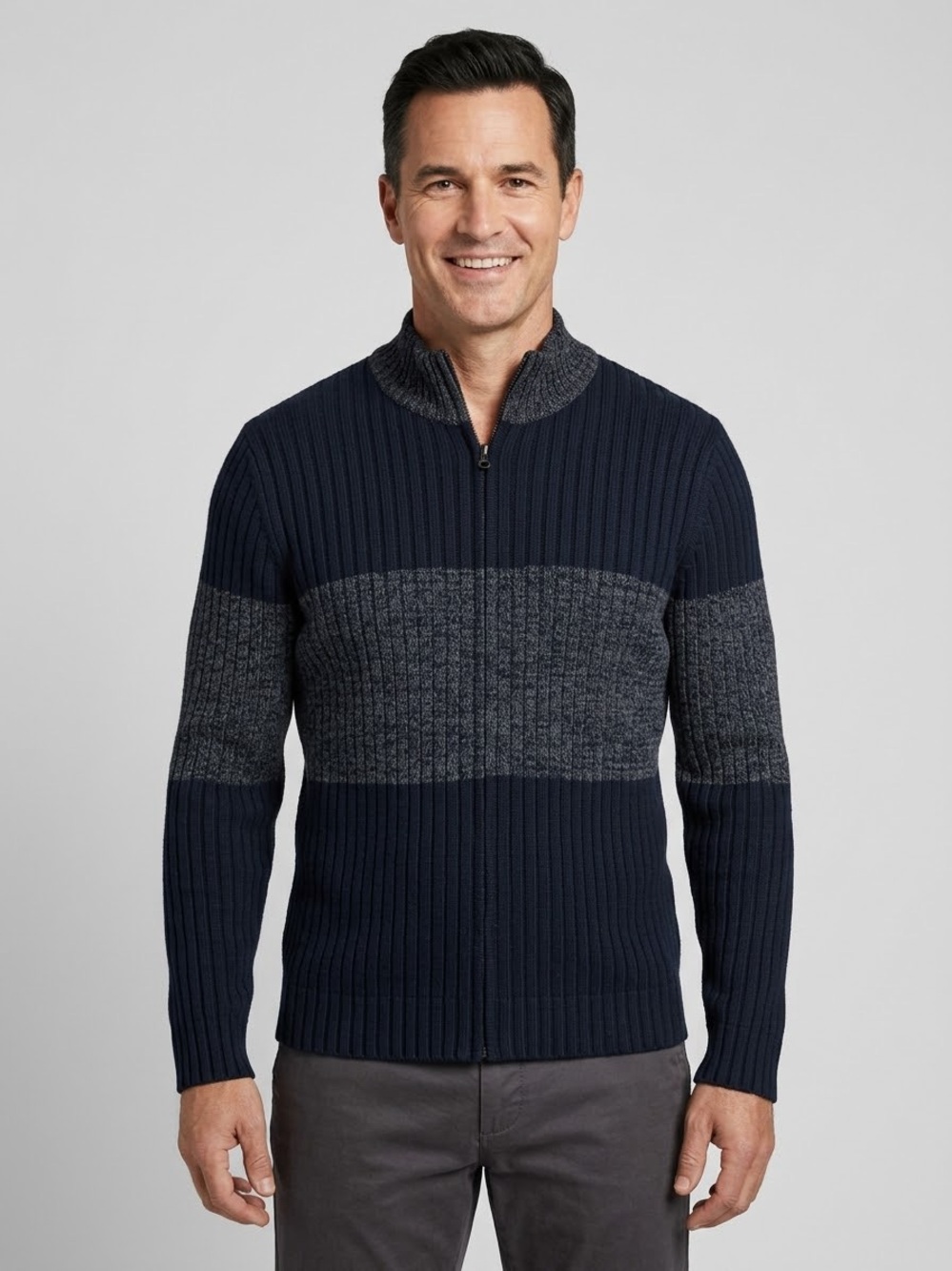 Express Men's Ribbed Knit Zip Up Cardigan Sweater High Neck Mock Collar
